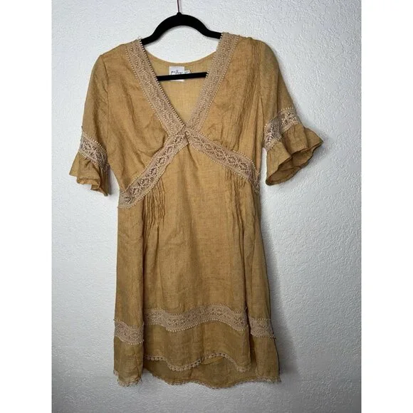 Princess Polly Boho Crochet Babydoll Dress Women Size 2 Darling Mustard Yellow R - Picture 3 of 11